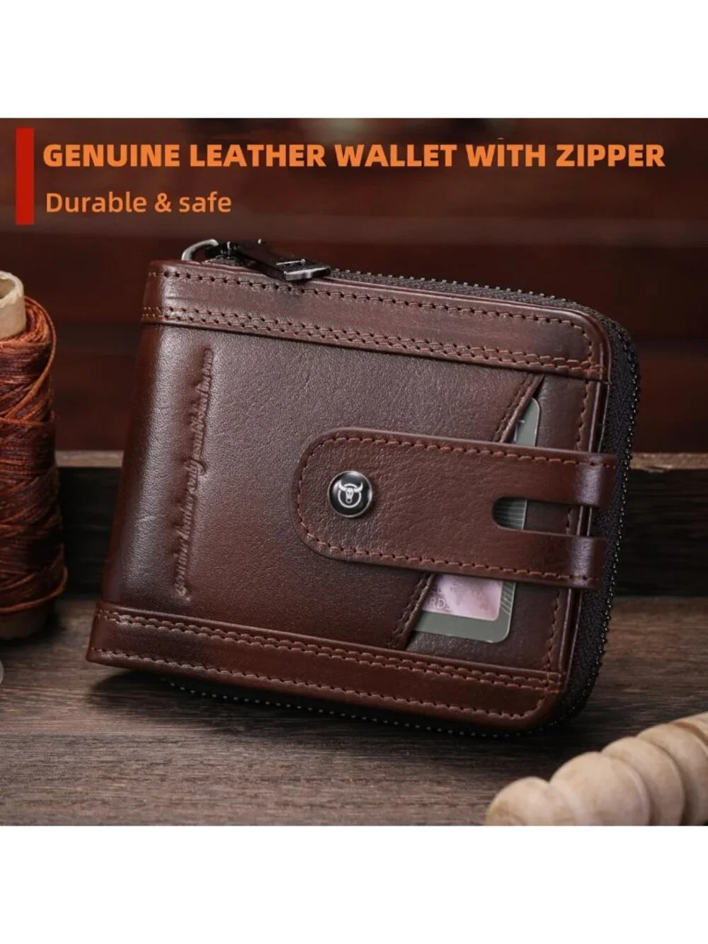 Genuine Leather Men's Zipper Wallet - Stylish, Durable, Slim Design (Coffee)